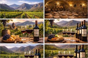 Armenian wine vineyards, traditional karas cellar and wine tasting scenes in Armenia