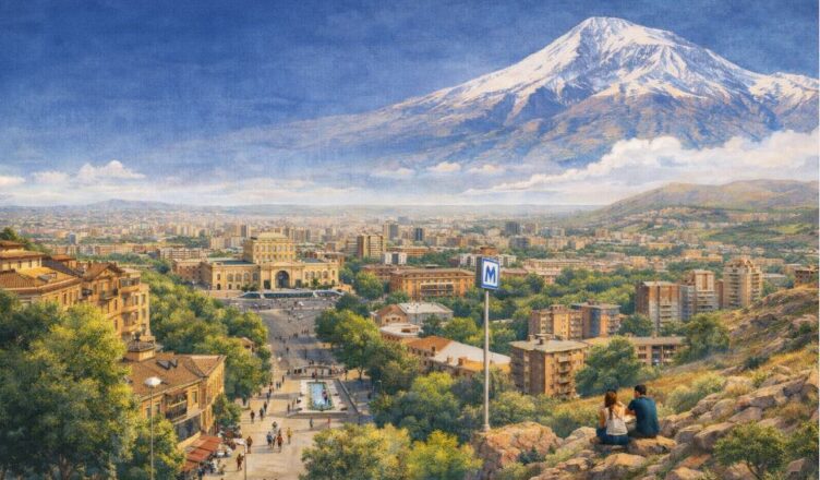 Yerevan city skyline with Mount Ararat view Armenia urban landscape neighborhoods guide 2026