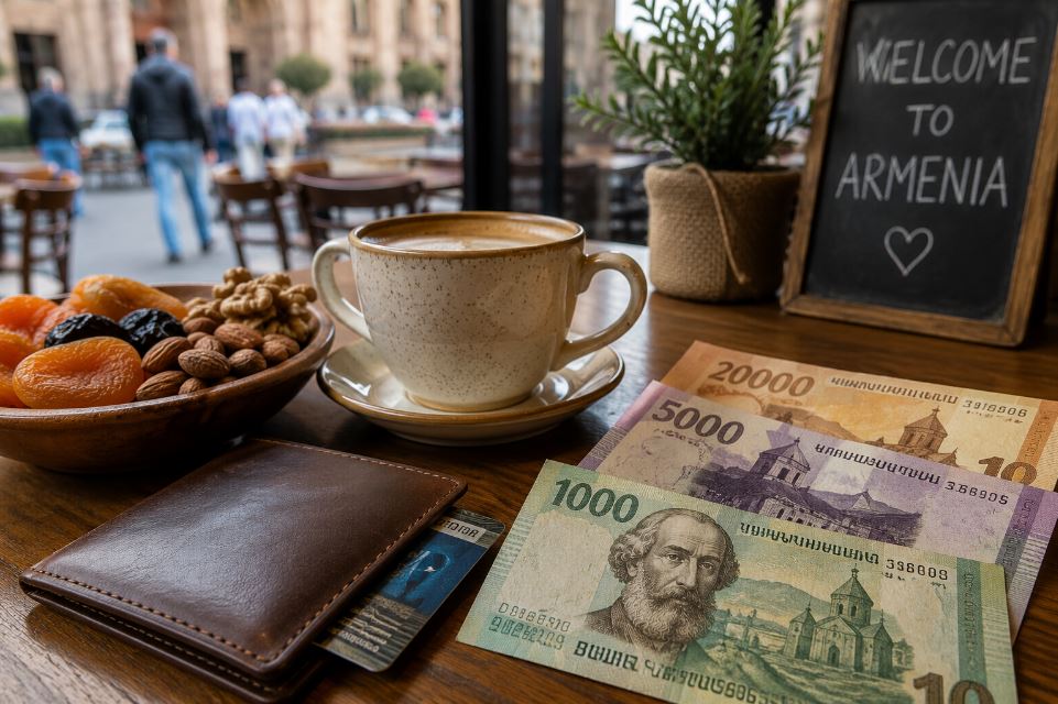 Armenian dram banknotes, coffee and local café atmosphere in Yerevan, Armenia