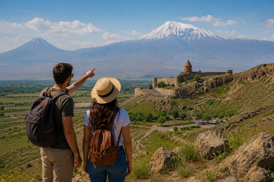 Travelers exploring scenic landscapes near Yerevan during a summer trip