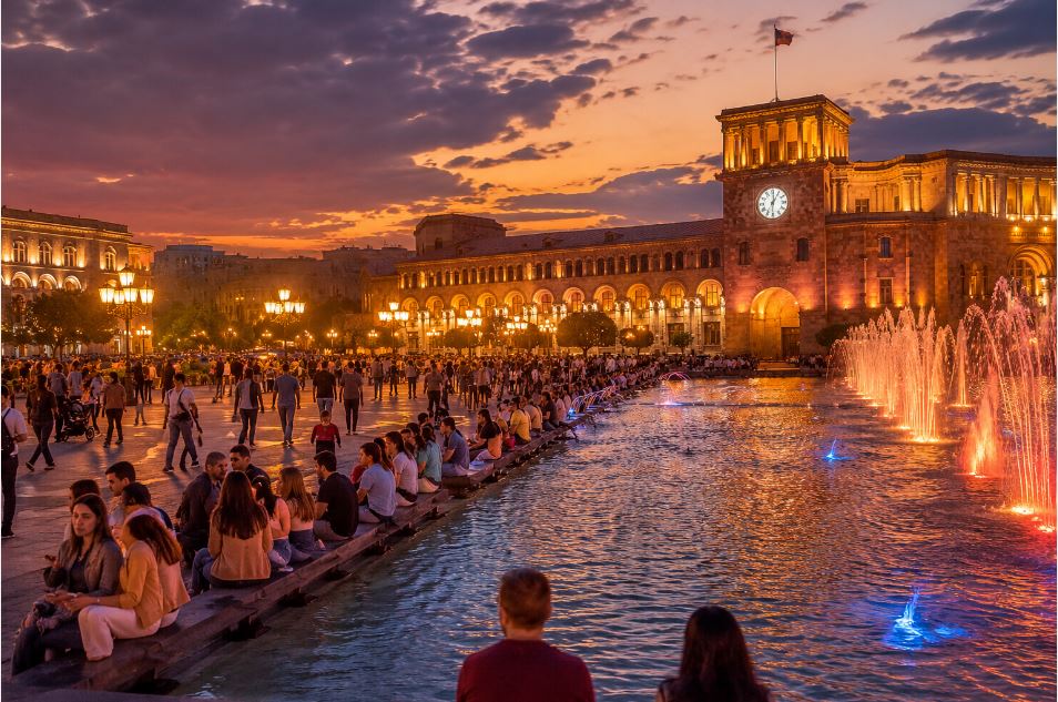 Republic Square in Yerevan at sunset with fountains, evening lights, and people walking