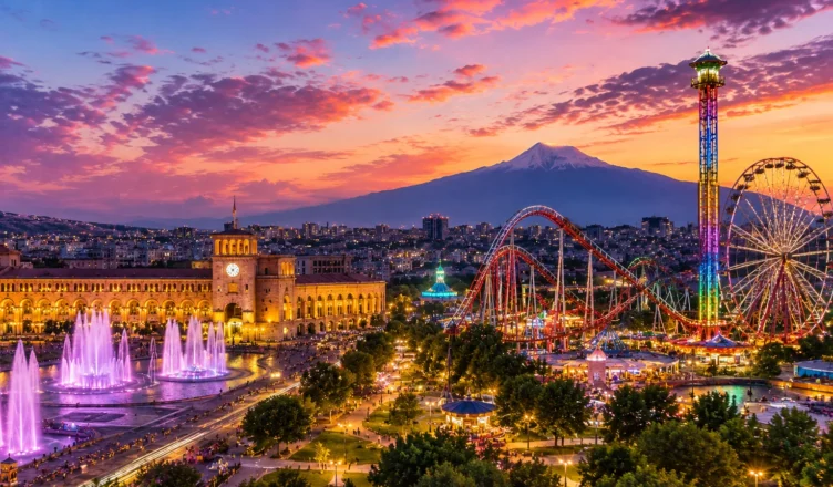 Evening view of Yerevan with Republic Square fountains, amusement park attractions, and Mount Ararat at sunset