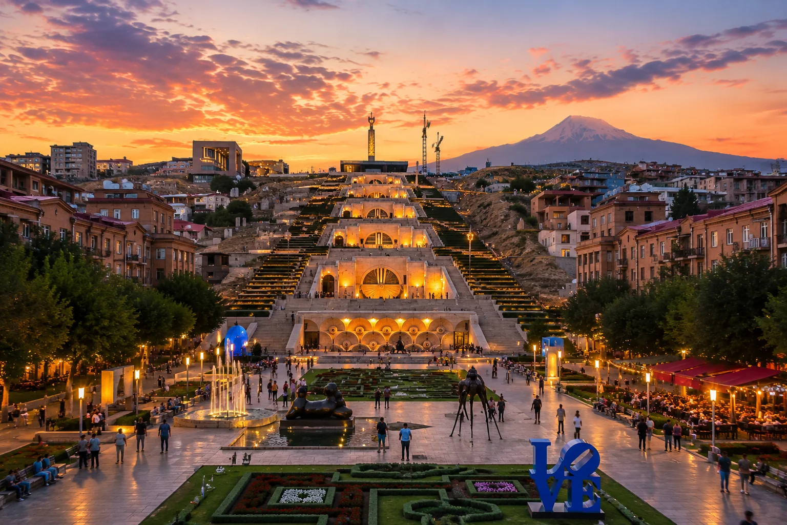 Cascade Complex in Yerevan at sunset with panoramic city view and Mount Ararat