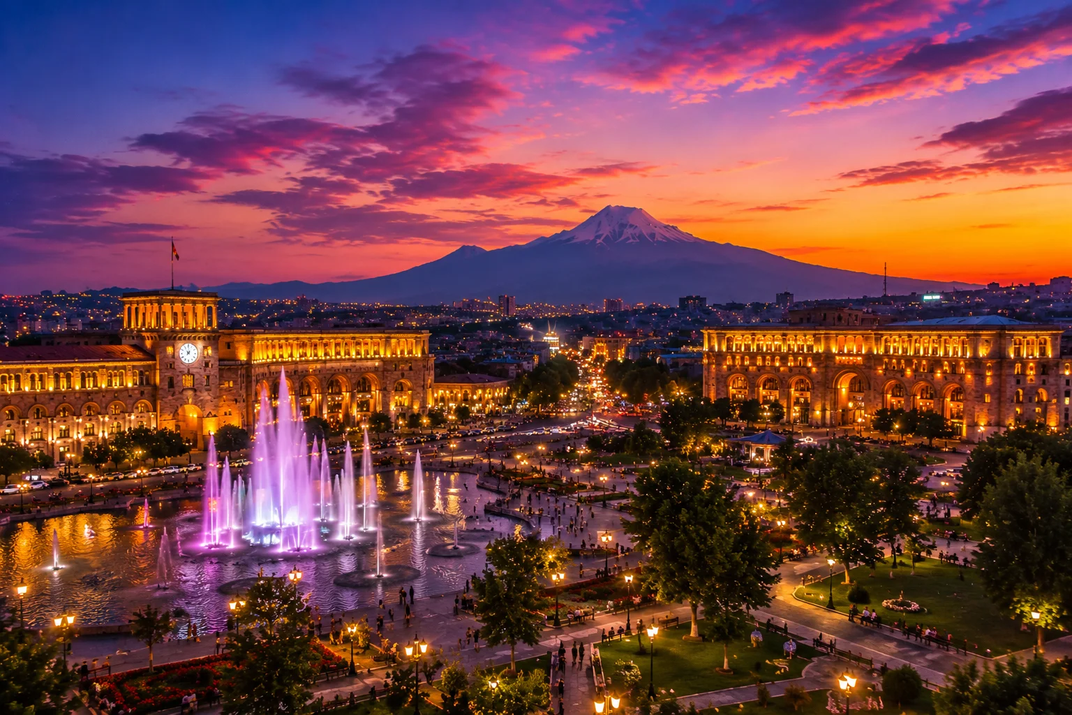 Republic Square in Yerevan at sunset with illuminated fountains and Mount Ararat in the background