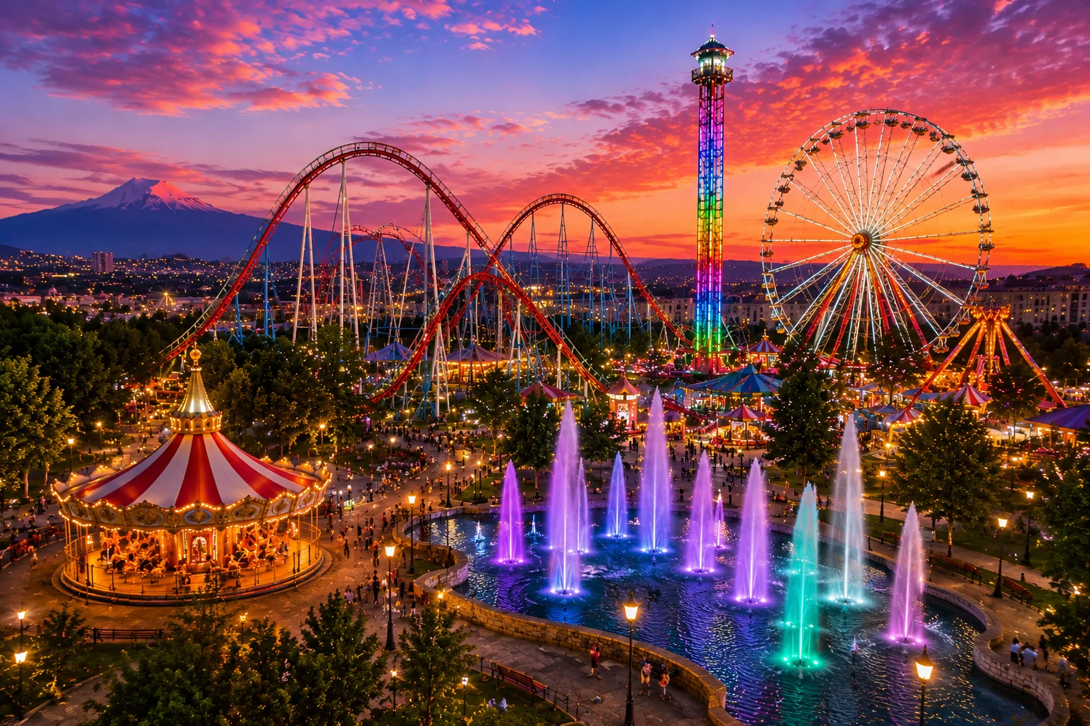 Colorful evening amusement park in Yerevan with roller coasters, fountains, and Ferris wheel