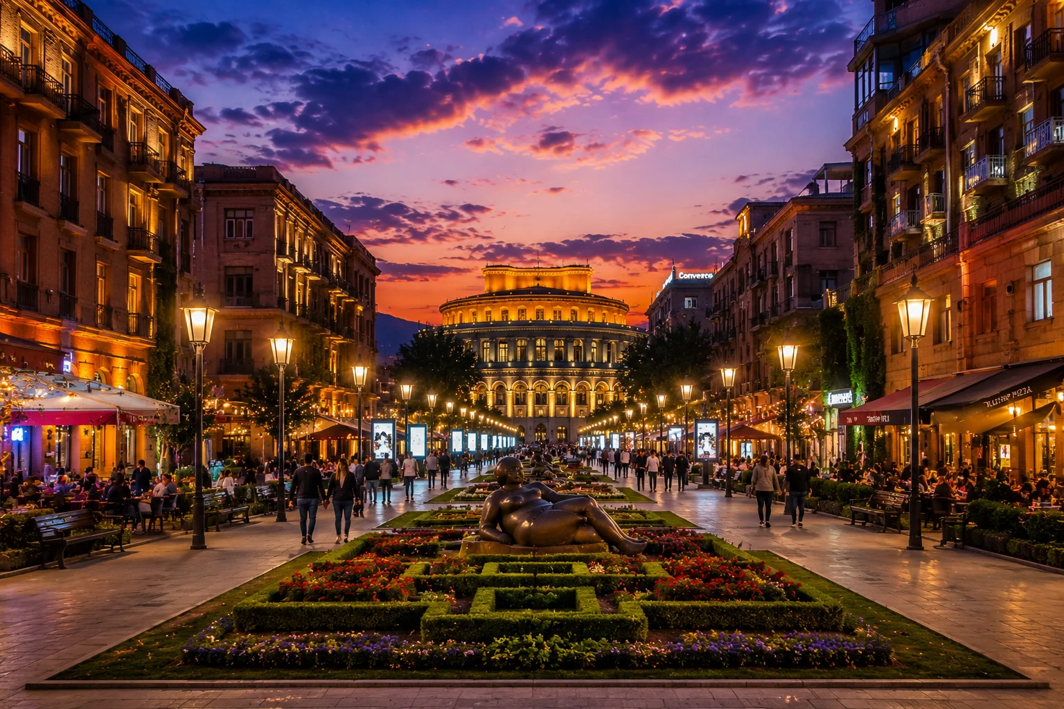 Evening pedestrian street in central Yerevan near Opera House and Swan Lake