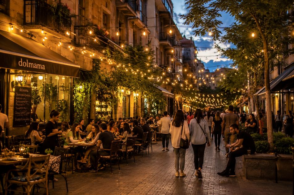 Cozy evening café street in Yerevan with warm lights and people walking