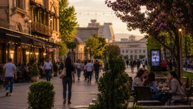 Elegant evening lifestyle atmosphere in central Yerevan with cafés and прогулочная street