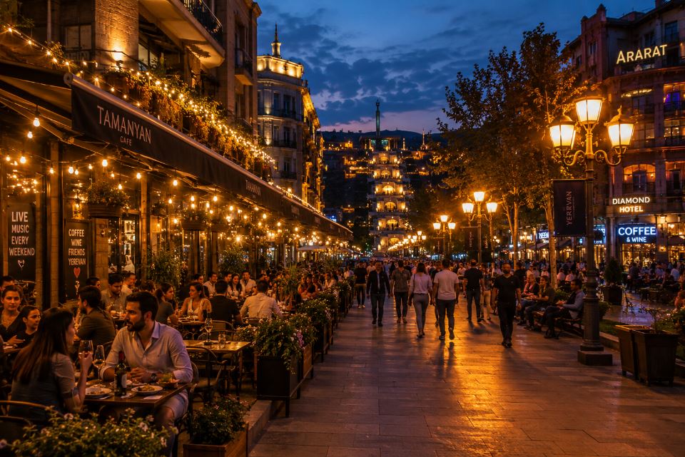 Evening lifestyle in Yerevan with cafés lights and elegant city atmosphere