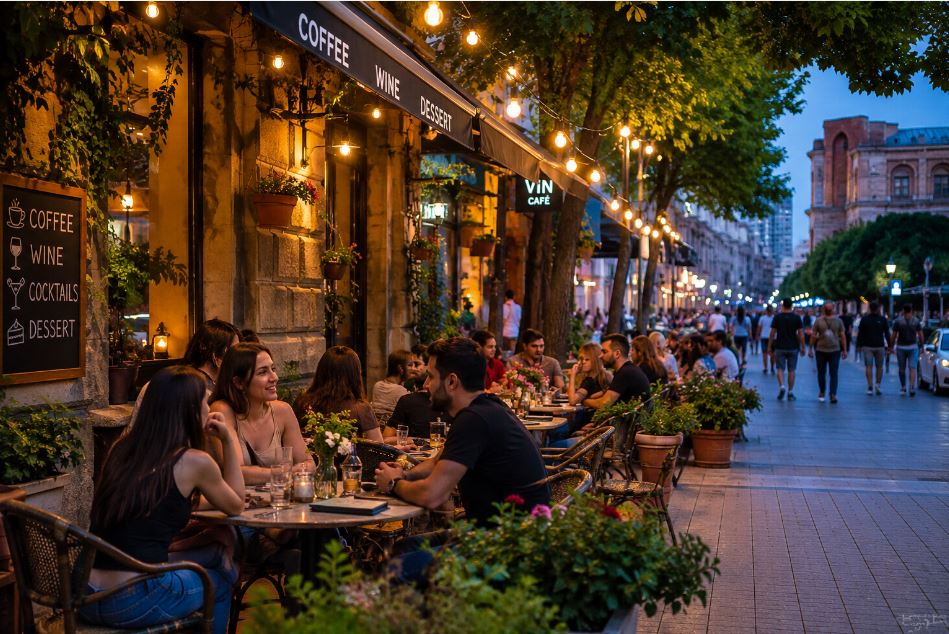 Outdoor café culture in Yerevan during a warm summer evening
