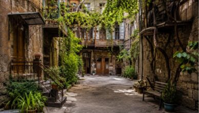 Hidden historic courtyard in central Yerevan with traditional Armenian architecture
