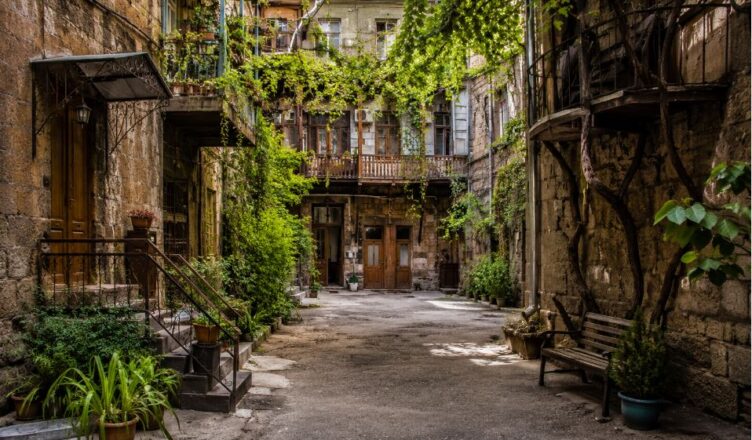 Hidden historic courtyard in central Yerevan with traditional Armenian architecture