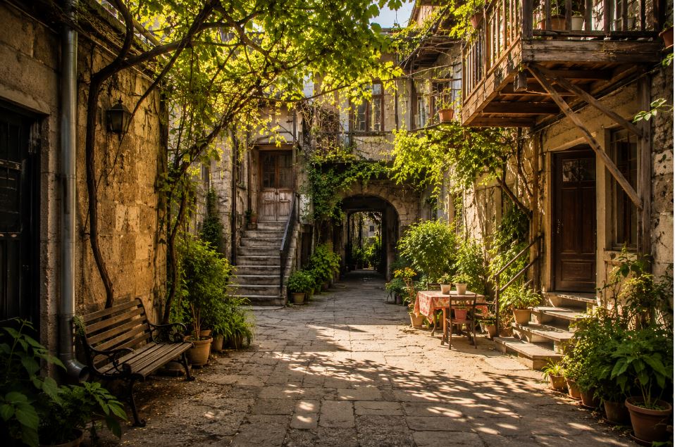 Traditional courtyard architecture in old Yerevan with balconies and vine-covered stone buildings