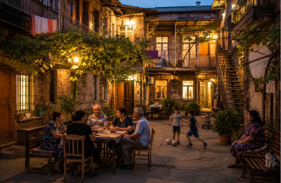 Traditional evening courtyard life in Yerevan showing authentic Armenian community culture