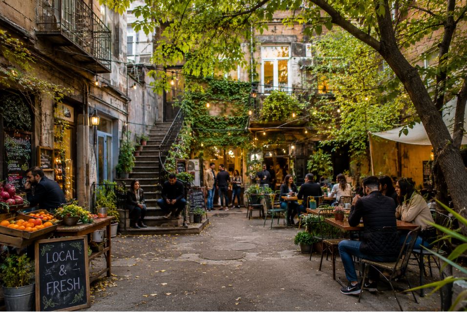 Cozy Yerevan courtyard café with locals, greenery and old buildings