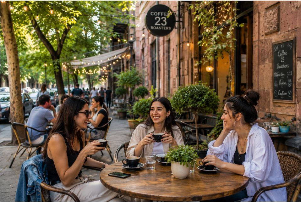 Friends drinking coffee at an outdoor cafe in Yerevan enjoying Armenia’s relaxed lifestyle
