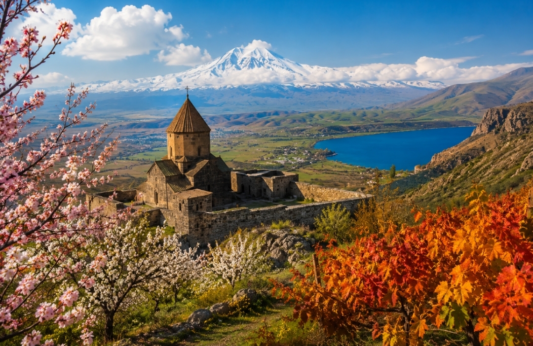 Armenian monastery overlooking Lake Sevan and seasonal landscapes