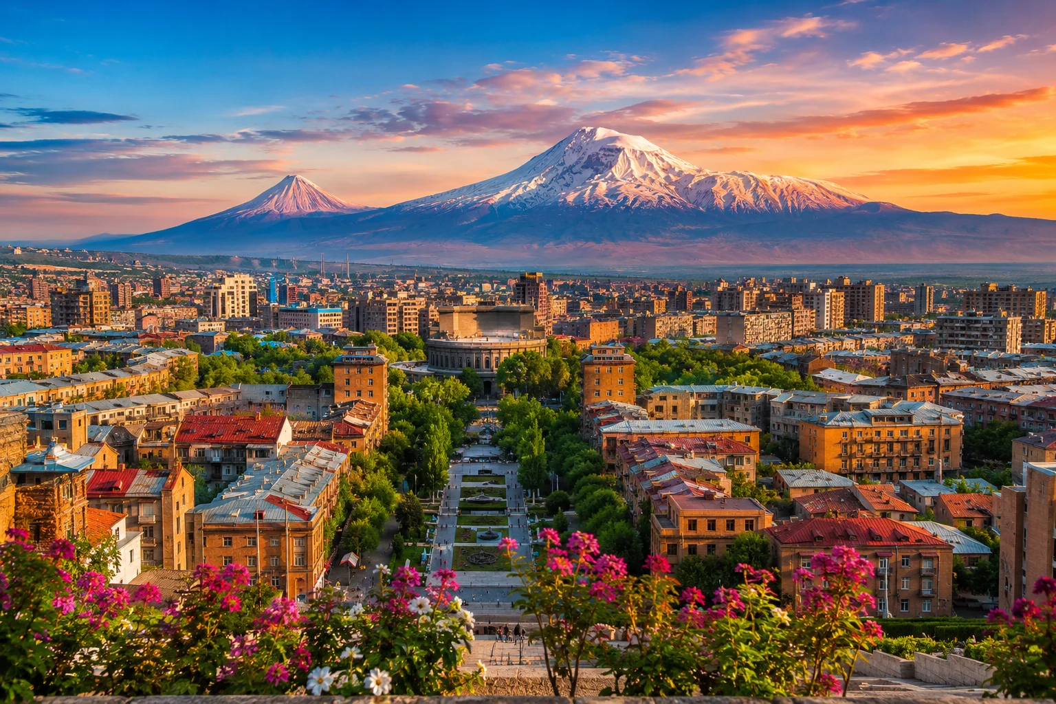 Panoramic view of Yerevan with Mount Ararat at sunset