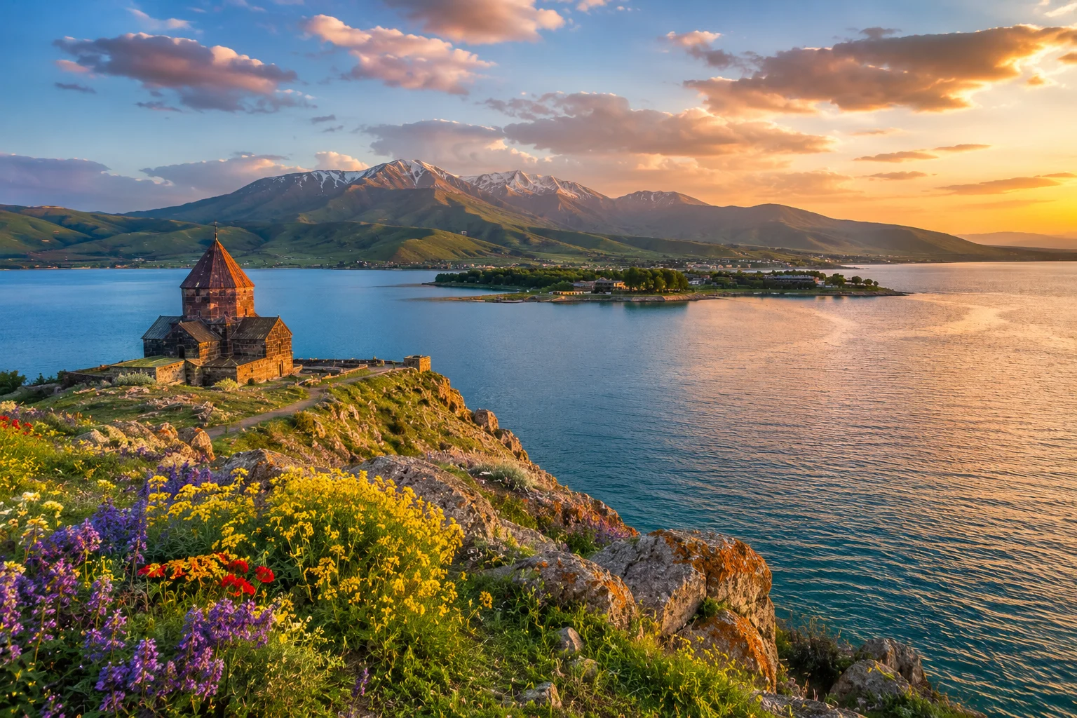 Lake Sevan and Sevanavank Monastery during summer sunset in Armenia
