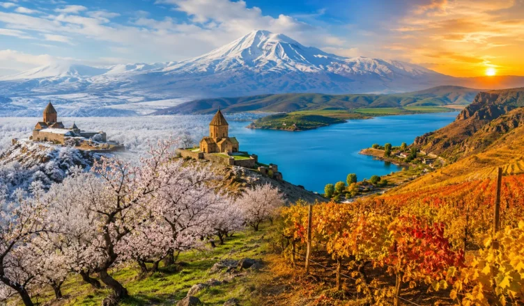 Armenia through the seasons featuring Mount Aragats, Lake Sevan, spring blossoms and autumn vineyards