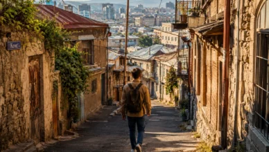 Traveler walking through hidden old streets of Yerevan Armenia while exploring the city without Google Maps