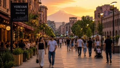 People walking through central Yerevan enjoying the city’s relaxed slow lifestyle atmosphere