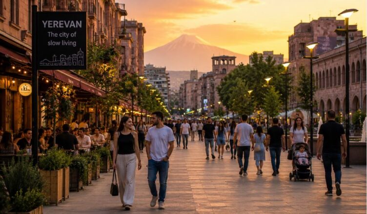 People walking through central Yerevan enjoying the city’s relaxed slow lifestyle atmosphere