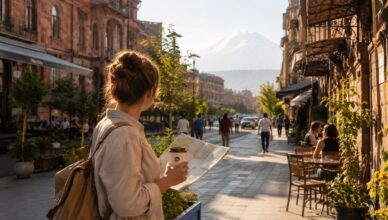 Traveler walking in a sunny Yerevan street with a map and coffee