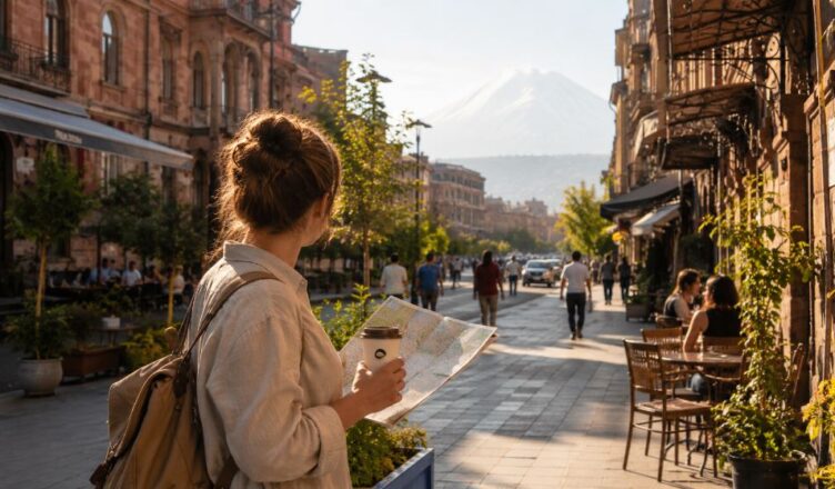 Traveler walking in a sunny Yerevan street with a map and coffee