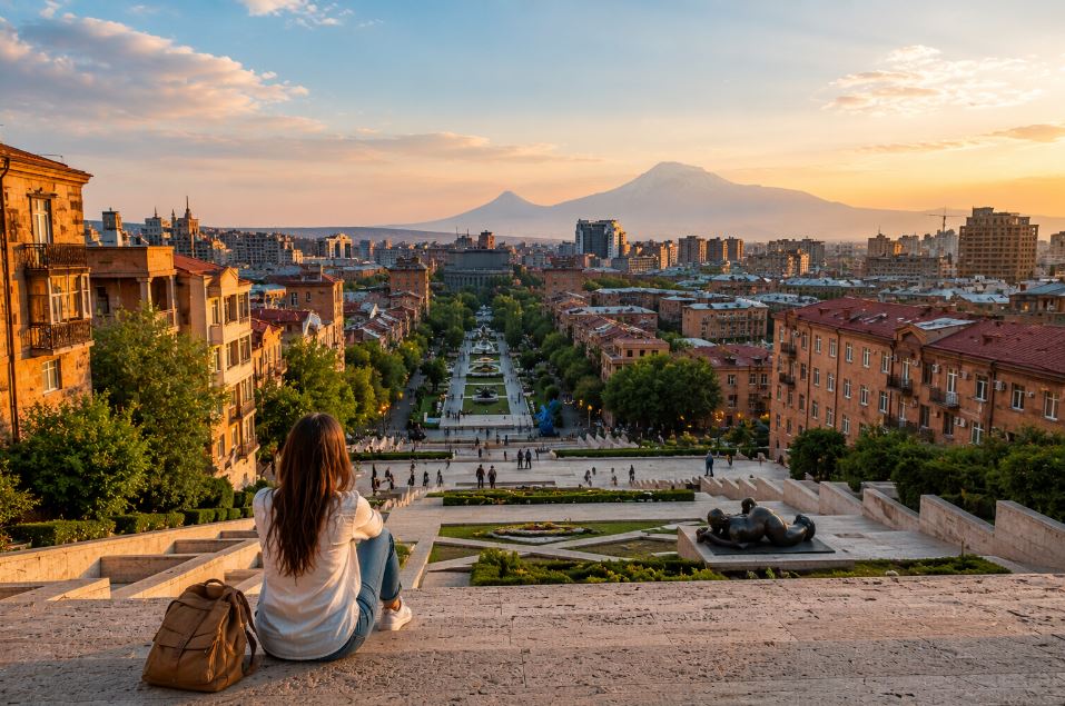 Traveler sitting at Cascade and looking over Yerevan with Mount Ararat in the distance