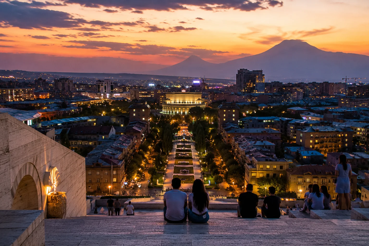 Sunset view of Yerevan and Mount Ararat from the Cascade