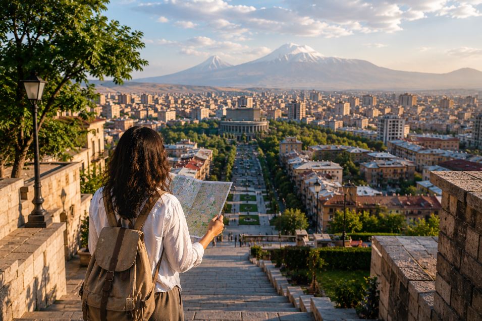 Traveler overlooking Yerevan with a city map and Mount Ararat in the distance
