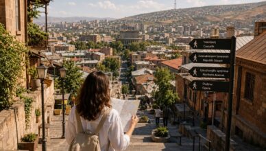 Traveler navigating Yerevan using landmarks, stairs and city slopes