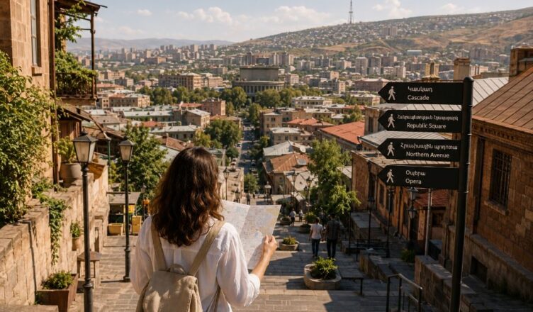 Traveler navigating Yerevan using landmarks, stairs and city slopes
