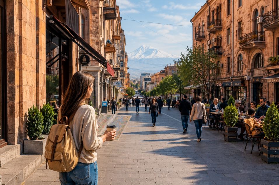 Traveler walking through a sunny Yerevan street with a map and coffee