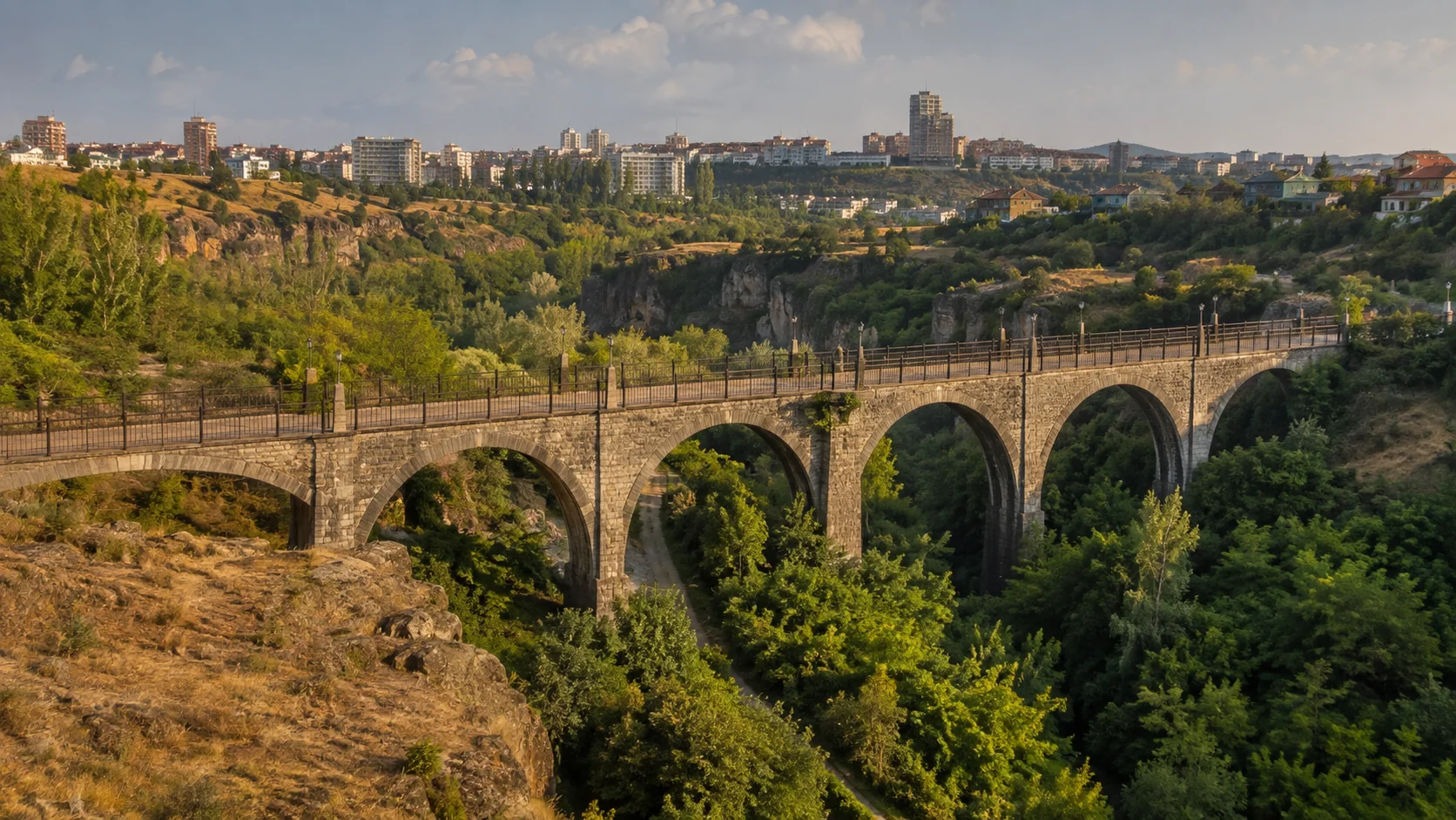 Historic stone aqueduct in Hrazdan Gorge in Yerevan