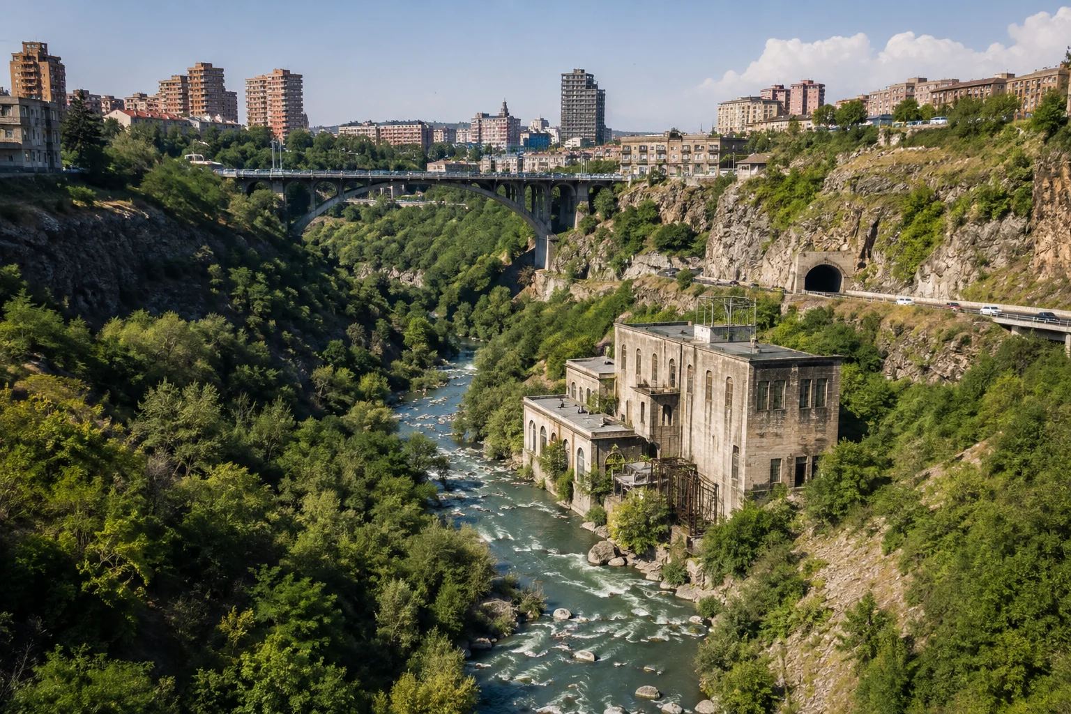 Historic industrial building beside the Hrazdan River in Yerevan